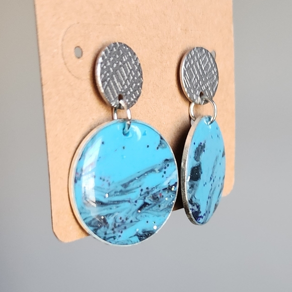 Blue and Silver Clay Post Dangle Earrings - Picture 6 of 6